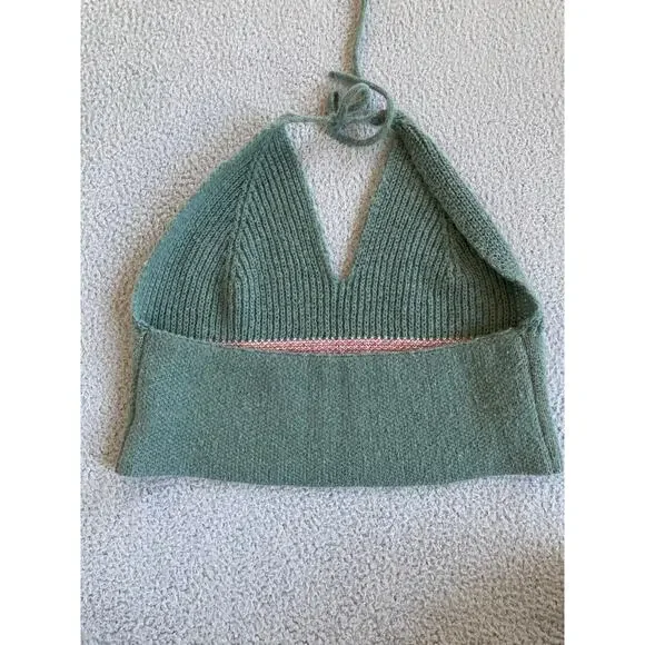Mushroom Crop Tank Top Halter Large Knit V-Neck Cottagecore Red Green Bralette - Picture 3 of 12